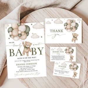 Editable Green Teddy Bear Baby Shower Invitation, We Can Bearly Wait Baby Shower Invite, Gender Neutral Bear Invitation, BBS30