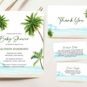 Invitation tropicale de baby shower, invitation de plage, imprimable modifiable, merci, tombola de couches, carte de demande de livre