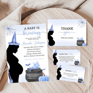 Un bébé brasse bleu Halloween Baby Shower Invitation Bundle, modifiable Boy Halloween Baby Shower Invite, Witch Baby Shower, BBS35