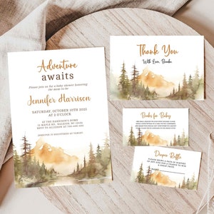 Mountain Baby Shower Invitation, Woodlands Invite, Printable Editable, Thank You, Diaper Raffle, Book Request Card, BBS25
