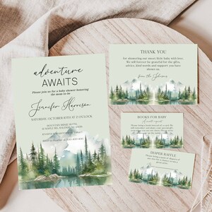Avontuur wacht op baby shower uitnodiging, berg baby shower uitnodiging, afdrukbare bewerkbare, dank u, luier loterij, boek aanvraag kaart, BBS44