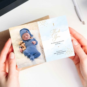 Biglietto di ringraziamento per battesimo in azzurro e oro per un ragazzo, biglietto di ringraziamento per battesimo, modello modificabile e stampabile, B01