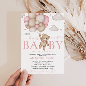 Nous pouvons supporter d’attendre une invitation à la baby shower, un ballon d’ours neutre en matière de genre modifiable, une baby shower d’ours en peluche brun, #BBS36
