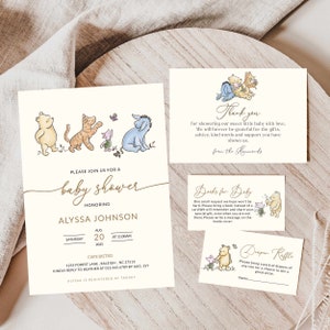 Klassieke Winnie de Poeh baby shower uitnodiging, Knorretje Hunny Party uitnodiging, afdrukbare bewerkbare, luier loterij, boek aanvraag kaart, BBS27