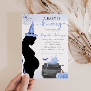 Un bébé prépare le modèle d'invitation bleu de baby shower d'halloween, invitation modifiable de baby shower d'halloween de garçon, baby shower de sorcière, BBS35