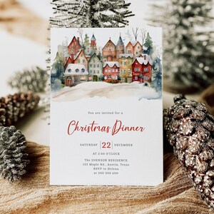 Kerstdiner uitnodiging kerstkaartsjabloon, bewerkbare uitnodiging kerstkaart, papierloze post, MC007