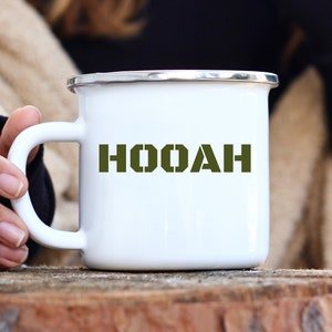 Hooah Camping Mug, Army Battle Cry Steel Enamel Cup, Army Medic Gift, Army Graduation Gift, Army Dad Father&#39;s Day, Army Veteran Birthday