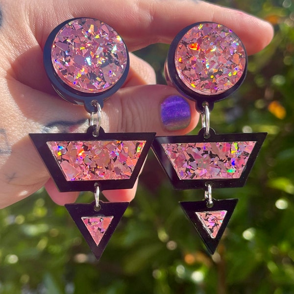 Rose Gold Glitter Triangle Dangle Plugs Gauges - 8mm to 38mm