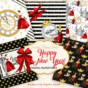Víspera de Año Nuevo Papeles Digitales Tarjetas Imprimibles, Feliz Año Nuevo, Fiesta Aniversario Cumpleaños Tarjetas de Scrapbooking Etiquetas Planificador Pegatinas