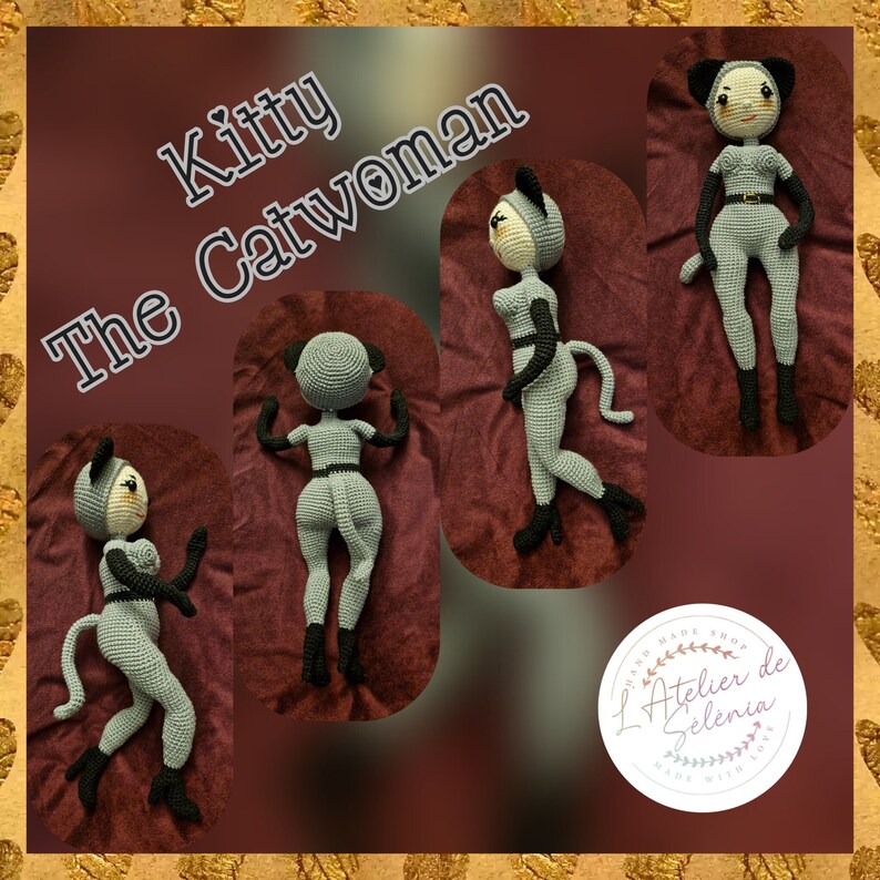 K&ouml;nnte beinhalten: Eine Sammlung von geh&auml;kelten Puppen in Form einer katzenartigen Figur. Die Puppen sind haupts&auml;chlich grau mit schwarzen Akzenten, darunter ein Katzenohren-Kopfschmuck, Handschuhe, Stiefel und ein G&uuml;rtel. Der Text "Kitty The Catwoman" ist in Wei&szlig; dargestellt.