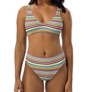 Puede incluir: Un bikini de cintura alta con un patrón de rayas en tonos marrones, verdes, azules, rosas y amarillos. La parte superior del bikini tiene un escote redondo y tirantes finos.