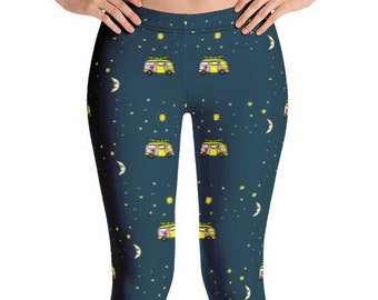 Kawaii Tights Leggings | Decora Kei Pants Leggings | Kidcore Tummy Control Yoga Pants | Moon Bus Printed Winter Leggings