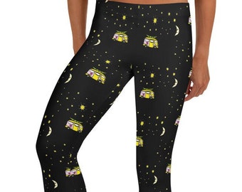 Dark Kawaii Handmade Black Leggings | Pastel Goth Moon and Stars Yoga Pants | Campervan Fairy Kei Printed Workout Leggings