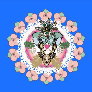 May include: A circular design with a pink, white, and blue color scheme. The center features a stylized deer with antlers and a heart. The design is surrounded by a white lace pattern and pink flowers.