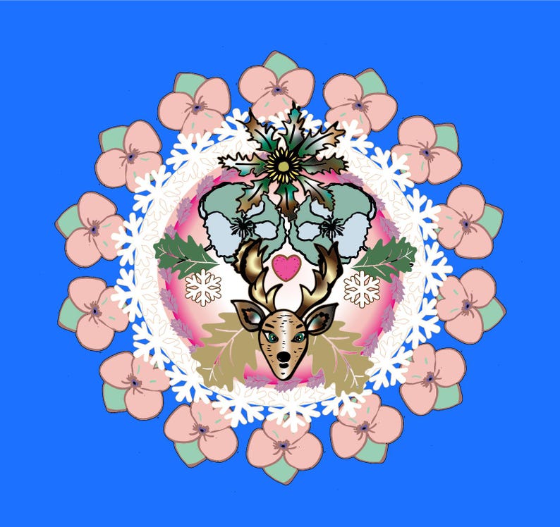 May include: A circular design with a pink, white, and blue color scheme. The center features a stylized deer with antlers and a heart. The design is surrounded by a white lace pattern and pink flowers.
