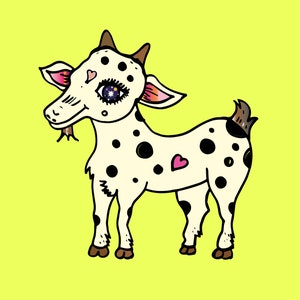 Puede incluir: Una ilustración de dibujos animados de una cabra blanca con manchas negras. La cabra tiene un corazón rosa en un lado y una oreja rosa y blanca. La cabra tiene un ojo grande azul con una estrella en su interior.