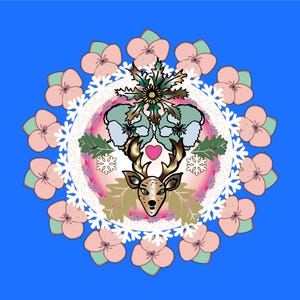 May include: A circular design with a pink, white, and blue color scheme. The center features a stylized deer with antlers and a heart. The design is surrounded by a white lace pattern and pink flowers.