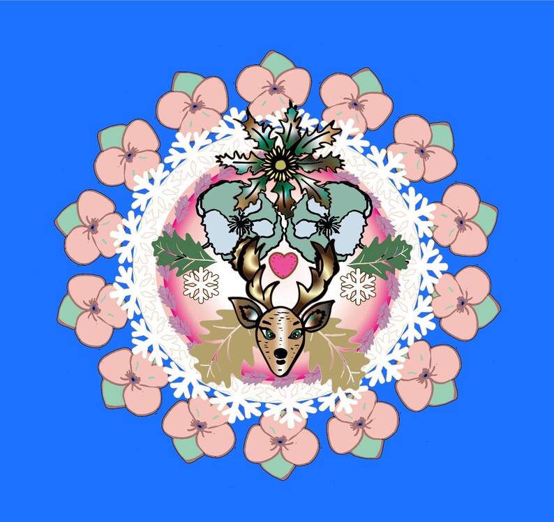 May include: A circular design with a pink, white, and blue color scheme. The center features a deer with antlers and a heart. The design is surrounded by a white lace pattern and pink flowers.