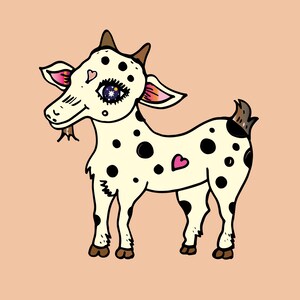 Puede incluir: Una ilustración de dibujos animados de una cabra blanca con manchas negras. La cabra tiene un corazón rosa en un lado y un solo ojo grande azul con estrellas en su interior. La cabra está de pie sobre un fondo de color melocotón claro.