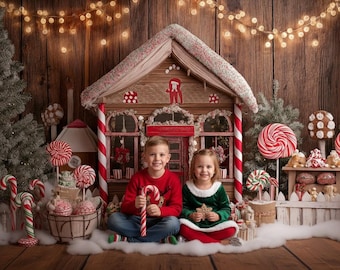 Christmas Backdrop, Gingerbread House, Candycane Holiday Background, Sweet Winter Photo Scene, Kids Photography Overlay