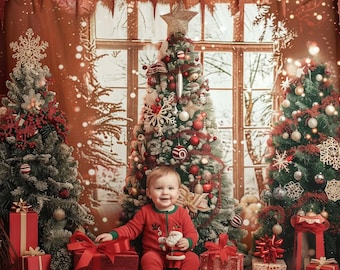 May include: A festive Christmas scene featuring a child in red pajamas surrounded by decorated Christmas trees and wrapped gifts. The trees are adorned with ornaments and lights, creating a warm, holiday atmosphere.