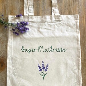 Tote bag, cadeau Maîtresse, Nounou, ATSEM, lavande, carte Merci,