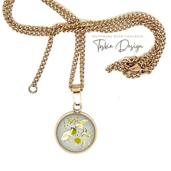 Beton Halskette Roségold mit Blattgold, Goldglitter, Betonschmuck Kette mit Anhänger, Geschenk für die Freundin oder Mama/Schatulle/2cm