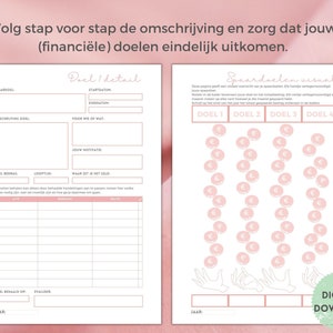 Pu&ograve; includere: Un foglio di lavoro stampabile in rosa e bianco con il titolo "Spaardoelen visual" e una rappresentazione visiva del risparmio con monete. Il foglio di lavoro include sezioni per l'impostazione degli obiettivi, il monitoraggio dei progressi e la motivazione.
