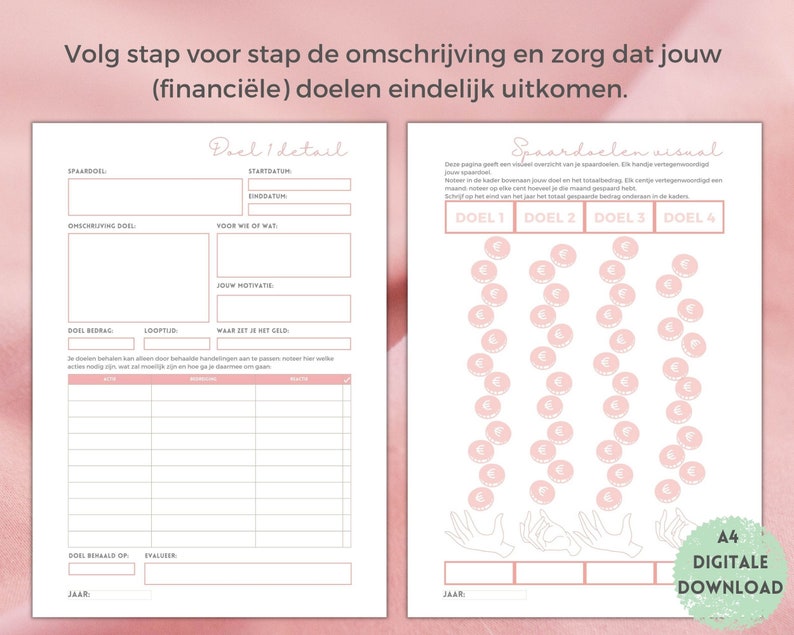Pu&ograve; includere: Un foglio di lavoro stampabile in rosa e bianco con il titolo "Spaardoelen visual" e una rappresentazione visiva del risparmio con monete. Il foglio di lavoro include sezioni per l'impostazione degli obiettivi, il monitoraggio dei progressi e la motivazione.