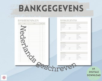 Bank Account Overview| Printable Bank Account List| Business Planner PDF | Overview of bank accounts and bank cards | Bank Details A4