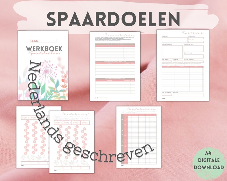 Pu&ograve; includere: Un download digitale stampabile per un quaderno di risparmio in olandese. La copertina presenta un design floreale con il testo "Spaardoelen Werkboek" e "Nederlands geschreven".