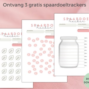 Pu&ograve; includere: Tre tracker di obiettivi di risparmio stampabili in formato A4. Ogni tracker ha un design diverso. Uno ha un barattolo con linee per tracciare i progressi, uno ha una griglia di cerchi rosa e uno ha una griglia di foglie.