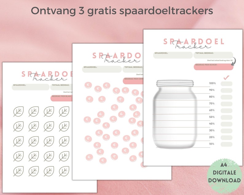 Pu&ograve; includere: Tre tracker di obiettivi di risparmio stampabili in formato A4. Ogni tracker ha un design diverso. Uno ha un barattolo con linee per tracciare i progressi, uno ha una griglia di cerchi rosa e uno ha una griglia di foglie.