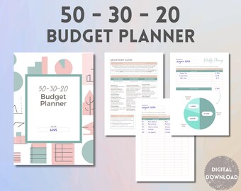 Pianificatore di budget 50/30/20 | Organizzatore finanziario | Monitoraggio delle spese mensili | Modello di obiettivo finanziario | Sistema di gestione del denaro | Scarica e stampa