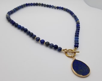 Lapis Lazuli Beaded Choker – Teardrop Pendant, 18k Gold Toggle Necklace