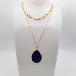 Elegant Raw Lapis Lazuli Pendant Layered Necklace - 18k Gold Plated Stainless Steel Paperclip Chain with Natural Gemstone Necklace for Her