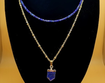 Set of 2 Lapis Lazuli Necklace Dainty Lapis Lazuli Beaded Choker and Lapis Lazuli Pendant Necklace 18k Gold Plate Boho Summer Necklaces