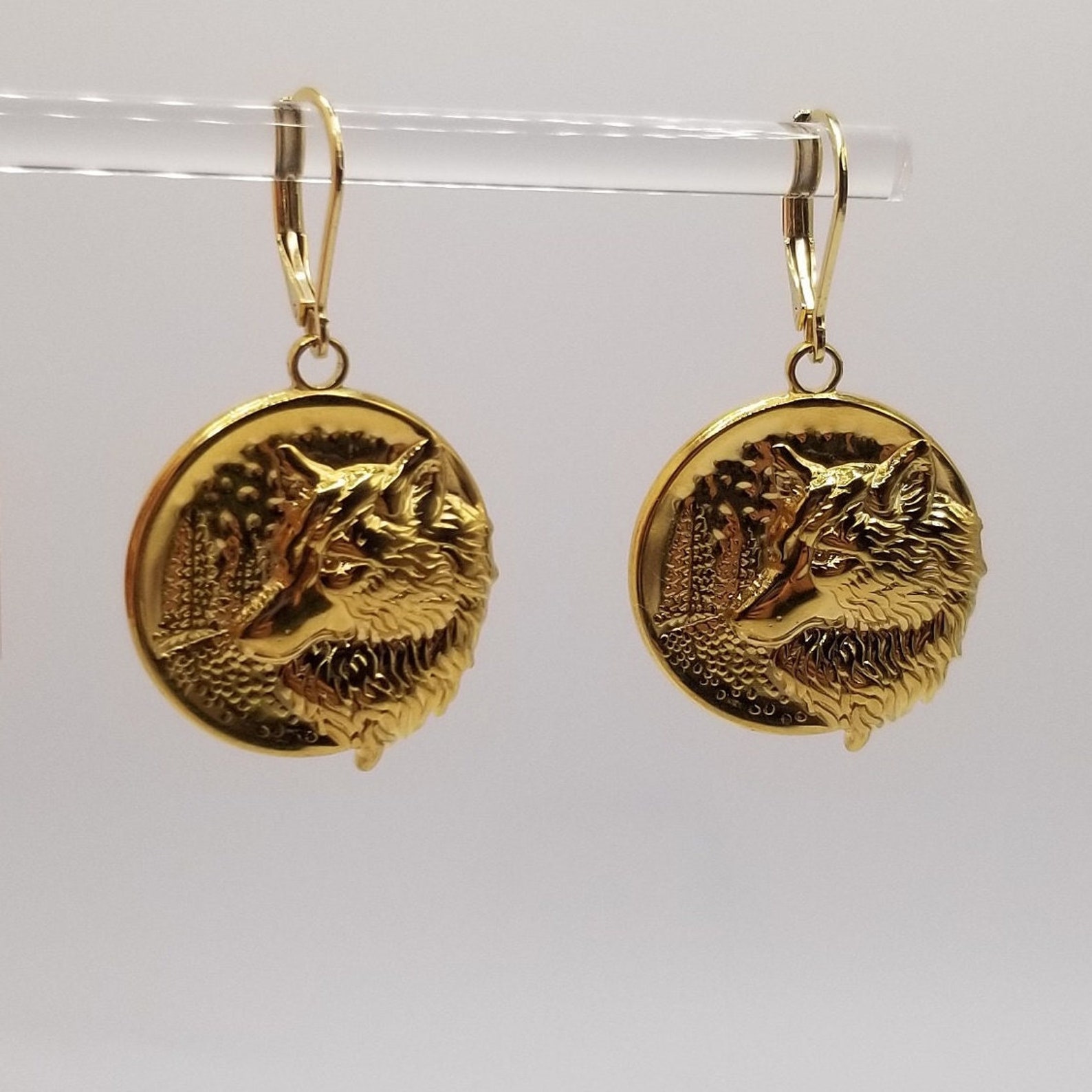 Wolf Earrings 24k Gold Plate Wolf Portrait Earrings in Gold Circle ...