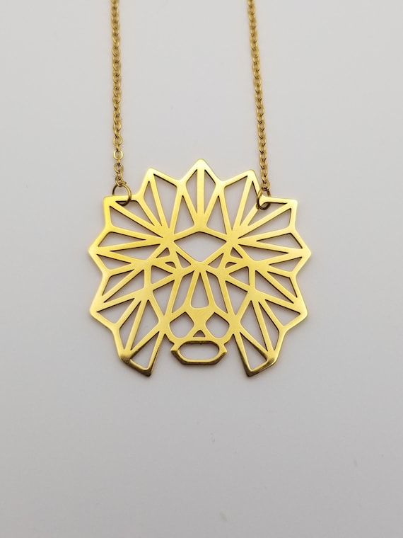 Geometric Lion Pendant Necklace: 18k Gold Plated Stainless Steel