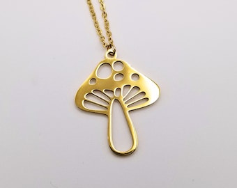 Gold Mushroom Necklace Laser-Cut 304 Stainless Steel Pendant Necklace with 18k Gold Plating Waterproof Cottagecore Mushroom Necklace Gift