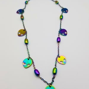 Alien Charm Necklace 16&quot; Rainbow Satellite Chain Y2K Alien Choker for Her Space Theme Gift for Sci Fi Lovers 304 Stainless Steel Cosmic UFO