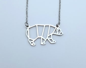 Geometric Bear Necklace: Stainless Steel Polar Bear Pendant