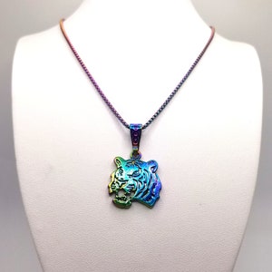 Rainbow Tiger Pendant Necklace: Stainless Steel Y2K Jewelry
