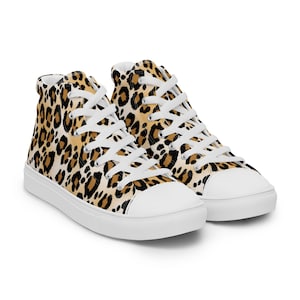 Women’s Leopard Print High Top Canvas Shoes Cheetah Print Animal Print Shoes with Padded Collar, Lace Up Front, and Breathable Lining