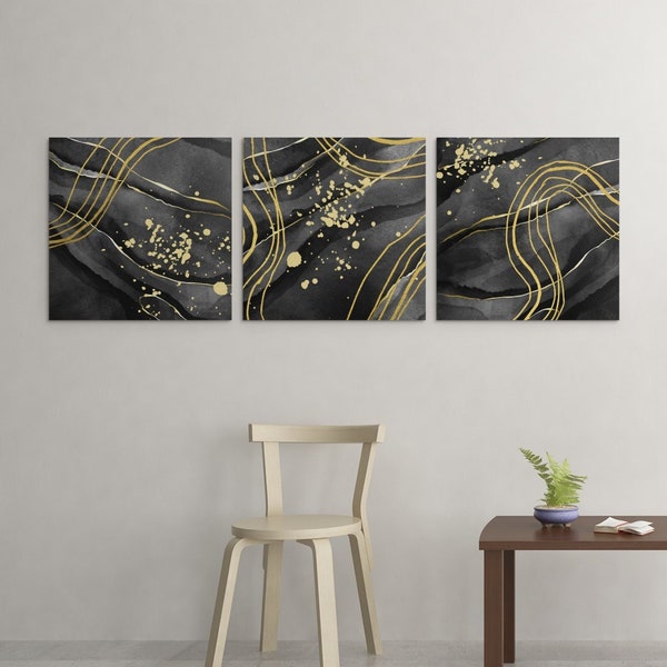 Black and Gold Marble Trio Wall Art Three Digital Prints Poster