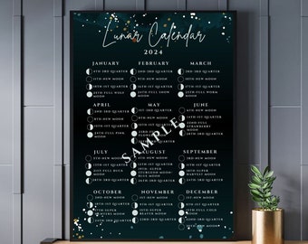 2024 Lunar Moon Cycle UK Calendar Printable Digital Download Including Supermoons, New Moons. Moon Phases