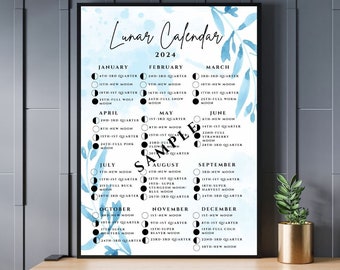 2024 Lunar Moon Cycle UK Calendar Printable Digital Download Including Supermoons, New Moons. Blue Modern Design/Leaf Moon Phases