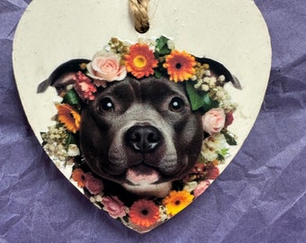 Handmade beautiful Staffy with flowers wreath. hanging wooden heart design. Staff/Staffy/Staffordshire Bull Terrier Dog. Shabby Chic/Rustic