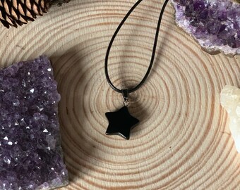 Black Obsidian Star Gemstone Necklace on Chord New with Organza Bag. Gifts Meditation Crystal