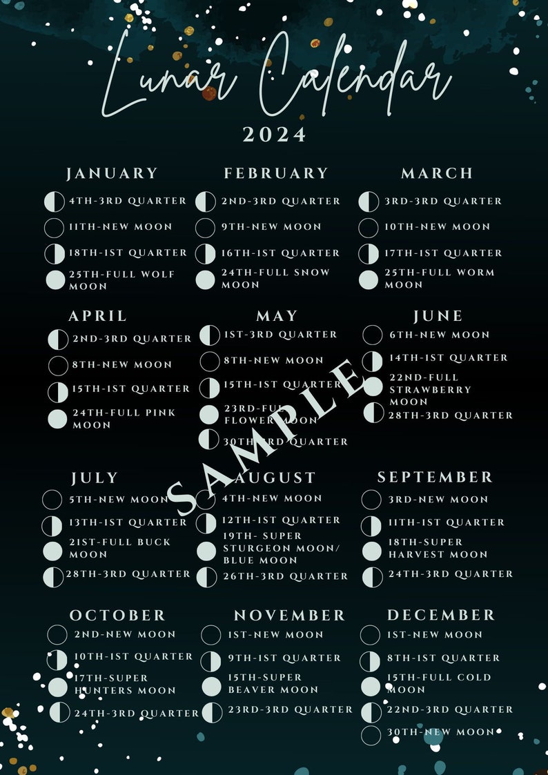 2024 Lunar Moon Cycle UK Calendar Printable Digital Download Including